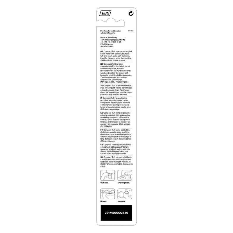 [Australia] - TEPE Compact Single Tuft Brush for Precision Cleaning of Difficult Areas, Such as Braces, Gum line and implants - 1 x TEPE Compact Brush (Pack of 2) 1 count (Pack of 2) 