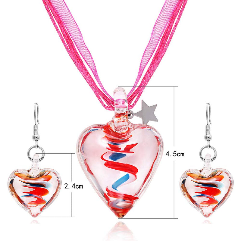 [Australia] - VEINTI+1 Exotic Style Eye-Catcher Handmade Romantic Heart with Pink Flower Design Glass Necklace Multicolor Set 