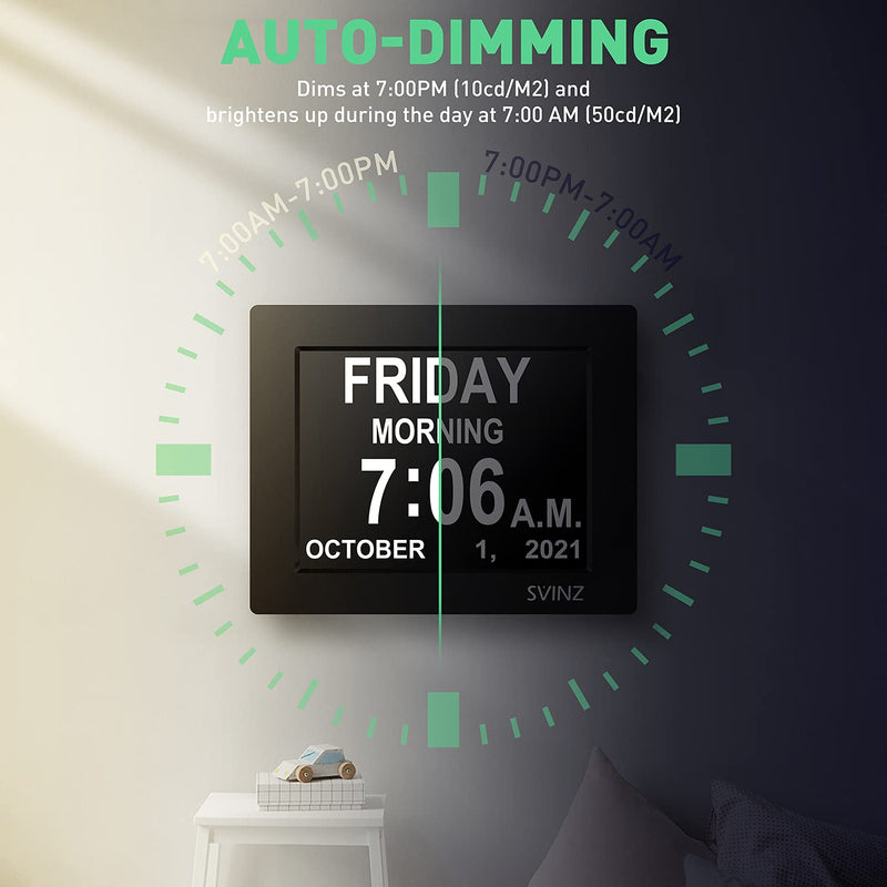 [Australia] - SVINZ Newest 5 Alarms Dementia Clock, Day Clock w/ Snooze Button, 2 Auto-Dim Options, Large 8" Display Wall Digital Calendar Alarm Clock for Vision Impaired, Elderly, Memory Loss, Black, SDC008 