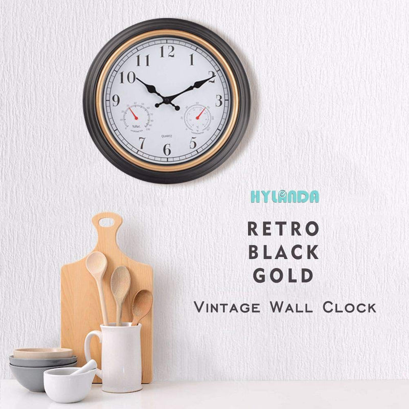 [Australia] - HYLANDA 12 Inch Indoor/Outdoor Retro Silent Non Ticking Wall Clock with Thermometer&Hygrometer Combo, Decorative Wall Clocks Battery Operated for Kitchen Home Bathroom Patio(Black Gold) 12 Inch Black-gold 