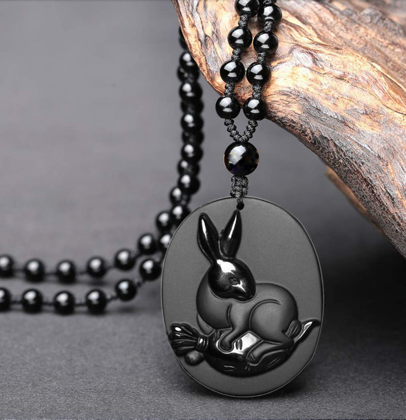 [Australia] - c1lint7785631 Natural Obsidian Chinese 12 Zodiac Pendant Necklace Series Pattern Pendant Grunding Stone Gemstone Horoscope Animal Sign Amulet rabbit 