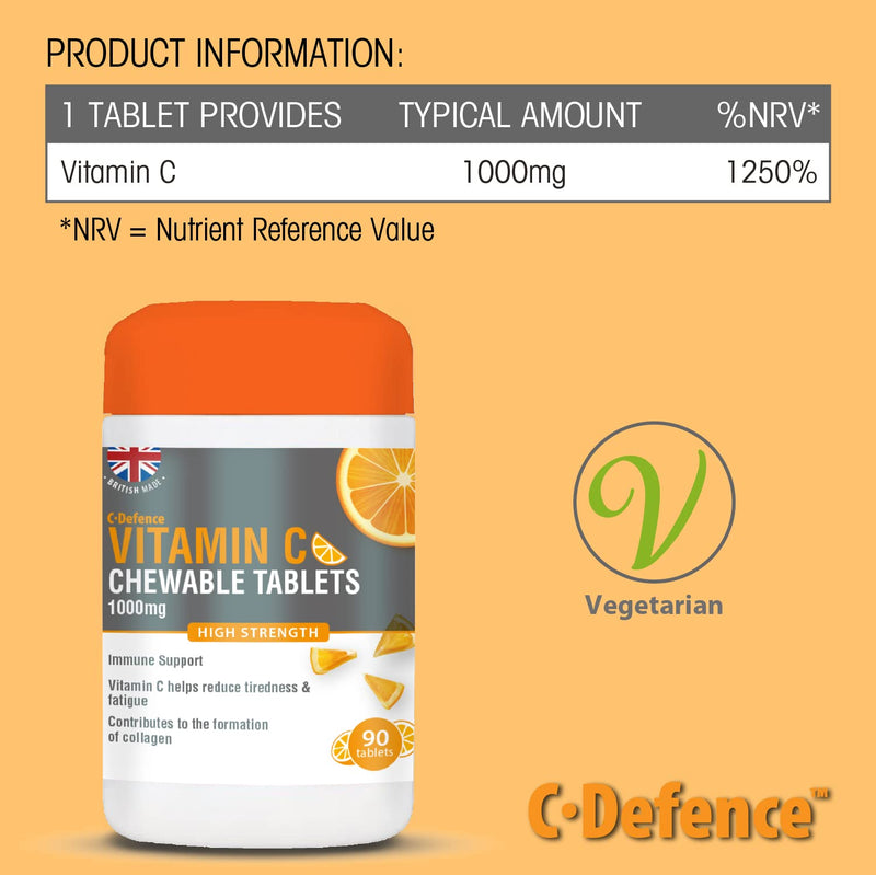 [Australia] - Vitamin C 1000mg Chewable by Club Vits - 90 Tablets - Supports Immune Health and Helps Fight Colds - Helps Reduce Tiredness and Fatigue 90 Count (Pack of 1) 