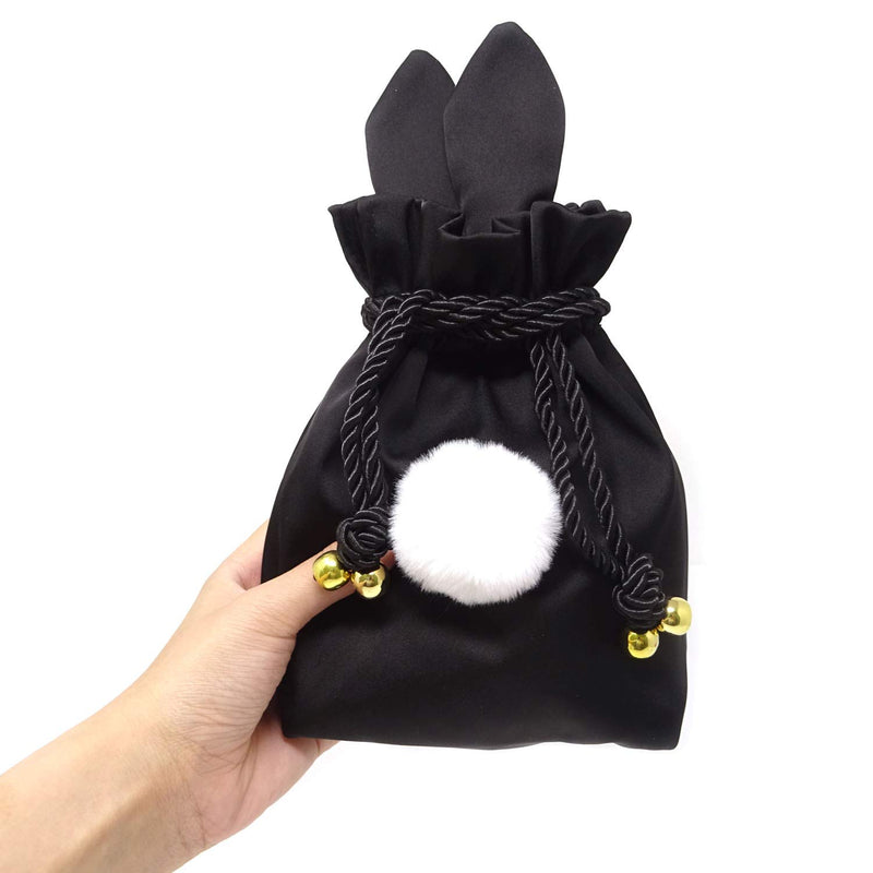 [Australia] - Honbay Drawstring Silk Bag Cosmetic Pouch Jewelry Bag Gift Wrapping Bag with Cute Rabbit Ear (Black) Black 