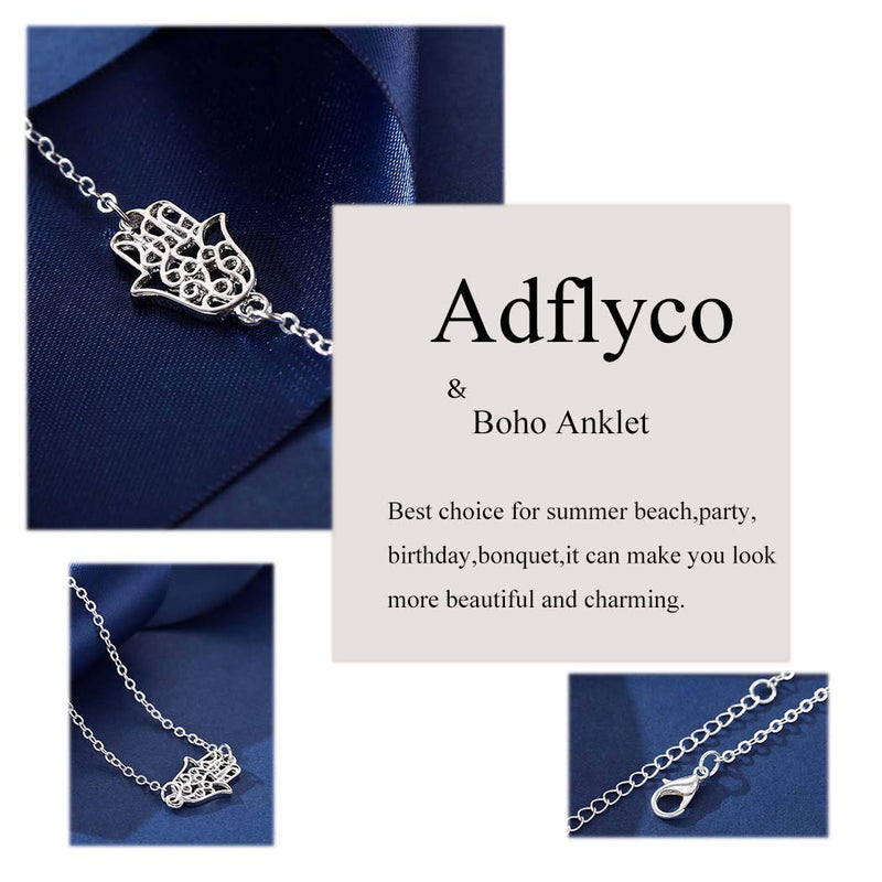 [Australia] - Adflyco Boho Anklets Silver Hand of Fatima Anklet Bracelets Beach Foot Jewelry Adjustable for Women and Girls 