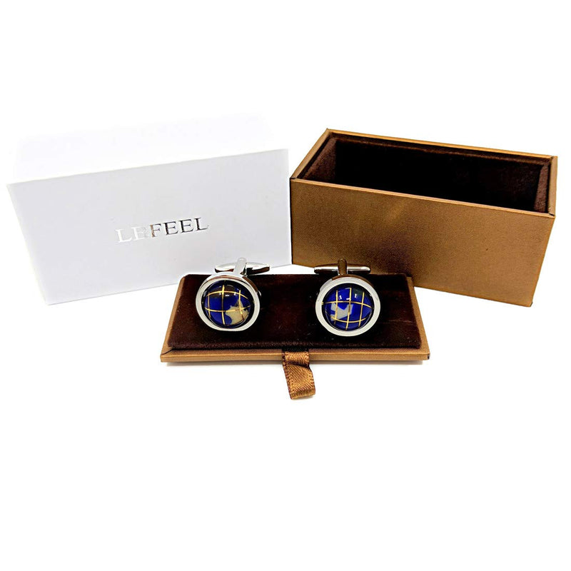 [Australia] - LBFEEL Really Spins Rhodium Plated Blue Globe Earth Cufflinks for Men with a Gift Box 