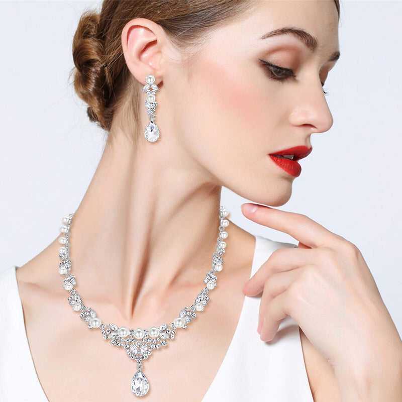 [Australia] - EVER FAITH Women's Crystal Simulated Pearl Elegant Bridal Banquet Waterdrop Necklace Earrings Set Necklace Pierced Earrings Set 