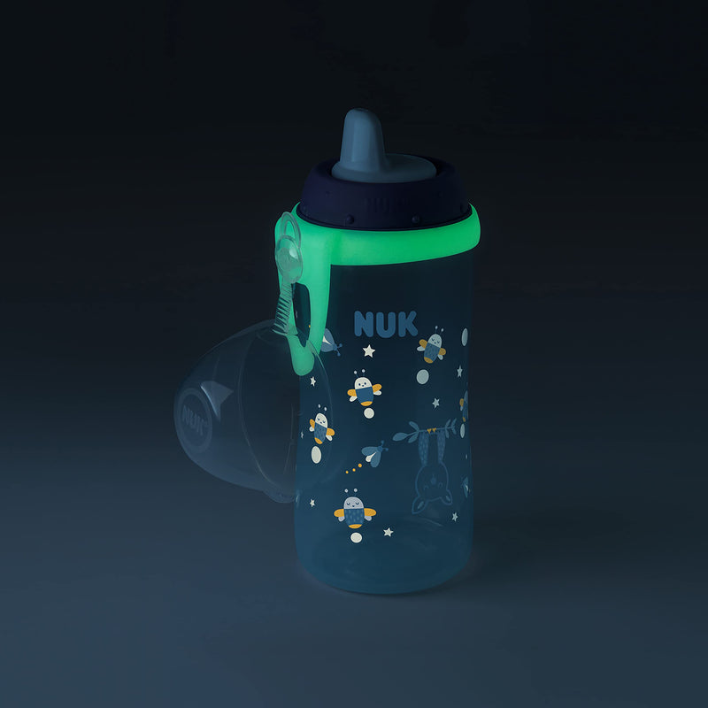 [Australia] - NUK Kiddy Cup Night Toddler Cup | Glow in the Dark Sippy Cup | 12 Months+ | Leak-Proof Toughened Spout | Clip & Protective Cap | BPA-Free | 300 ml | Blue Glow-in-the-Dark 