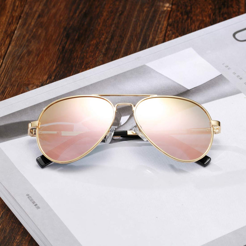 [Australia] - Polarized Aviator Sunglasses for Juniors Small Face Women Men Vintage UV400 Protection Shades 52mm-gold Frame/Pink Mirrored Lens Small Face 52 Millimeters 