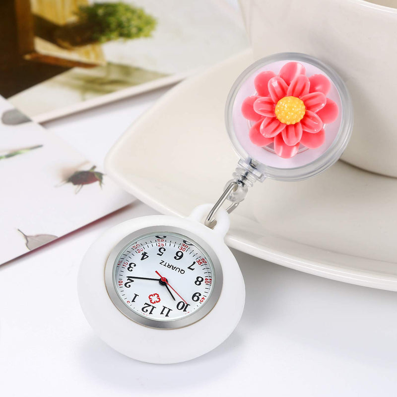 [Australia] - Women's Nurse Clip on Watch Cute Flower Lapel Hanging Doctor Clinic Staff Tunic Stethoscope Badge Quartz Fob Pocket Watch with Pink Silicone Cover red 