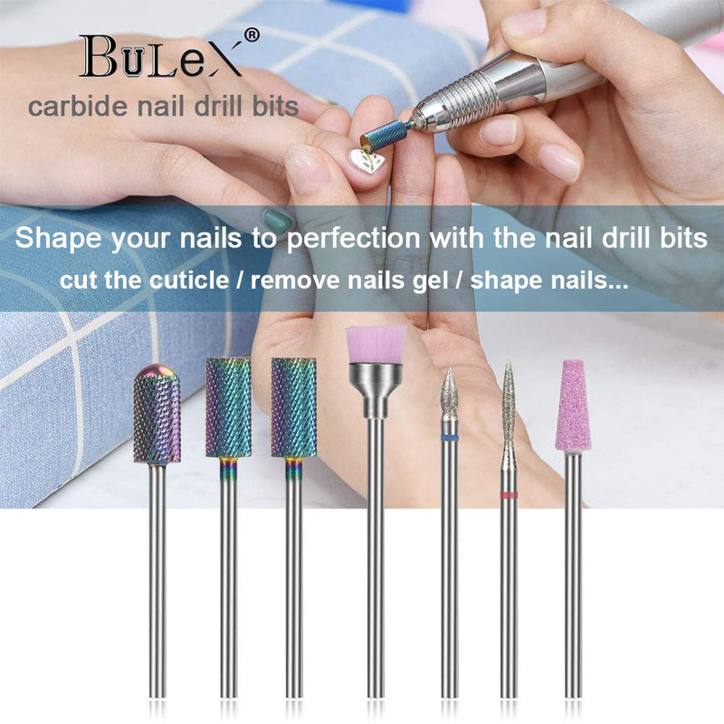 [Australia] - Bulex 7pcs Nail Drill Bits for Acrylic Nails, Professional Tungsten Carbide 3/32 Little Nail Drill Bit Set for Gel Nails Cuticles 