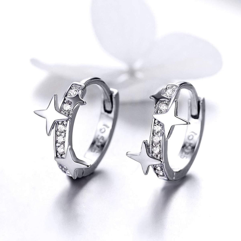 [Australia] - Qings Huggie Hoop Earrings 925 Sterling Silver Small Earrings with Stars Bling Cubic Zircons Gift for Women Girls 