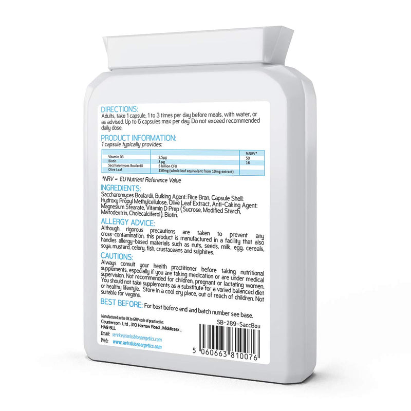 [Australia] - Saccharomyces Boulardii 5 Billion CFU 90 Capsules - No Refrigeration Required - High Strength Non-Colonising Yeast with synergistic Olive Leaf, Biotin and Vitamin D3 