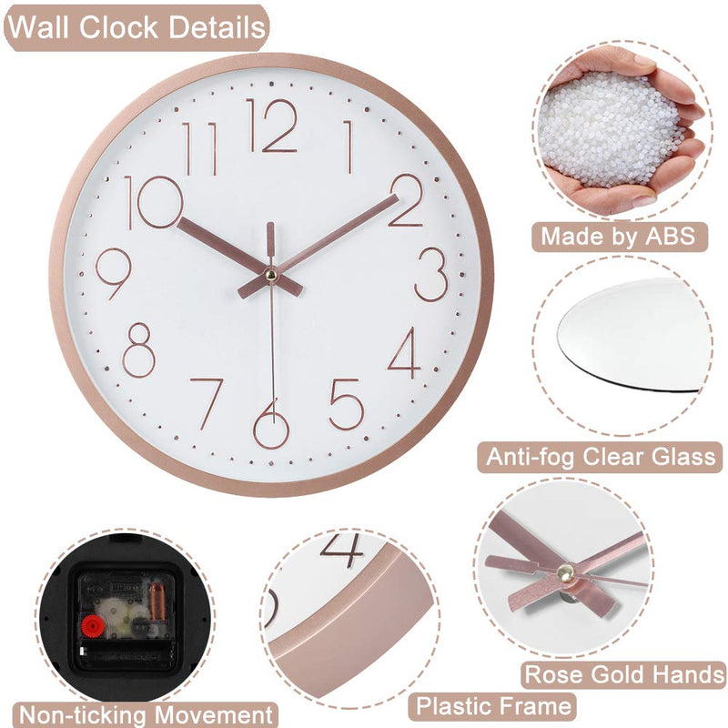 [Australia] - Rysunle 12 Inch Modern Wall Clock , Silent Non-Ticking Decorative Battery Operated Wall Clocks for Living Room, Office, Bathroom, Kitchen, Thicken Plastics Frame Glass Cover (Rose Gold) Rose Gold 