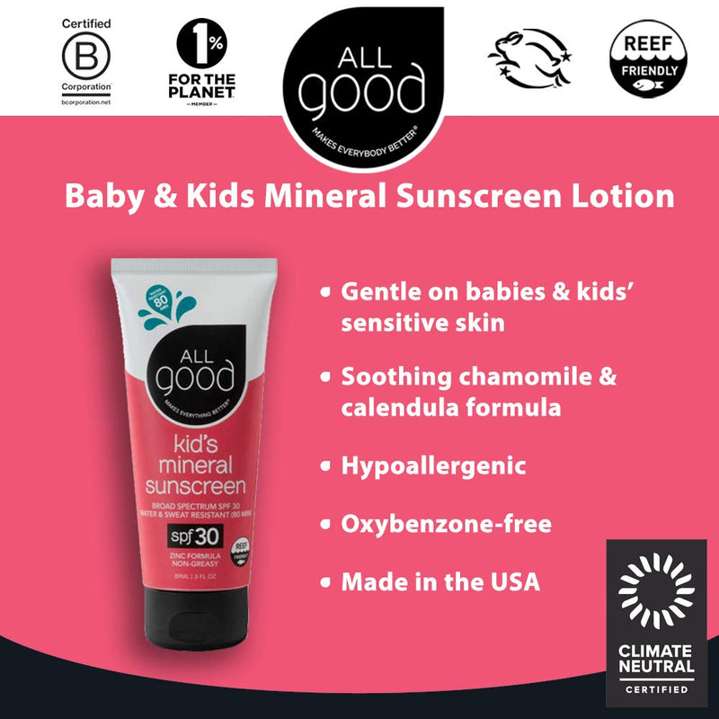 [Australia] - All Good Baby & Kids Sunscreen Lotion for Face & Body - UVA/UVB Broad Spectrum, SPF 30, Zinc Oxide, Coral Reef Friendly, Water Resistant - Zinc, Shea Butter, Coconut Oil, Aloe (3 oz) 3 Fl Oz (Pack of 1) 