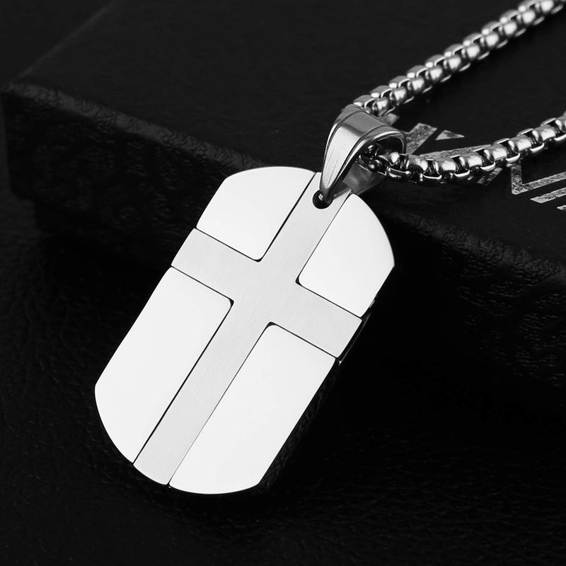 [Australia] - HZMAN Isaiah 41:10 Jewelry, Stainless Steel Cross Dog Tag Pendant Necklace Strength Bible Verse Silver 