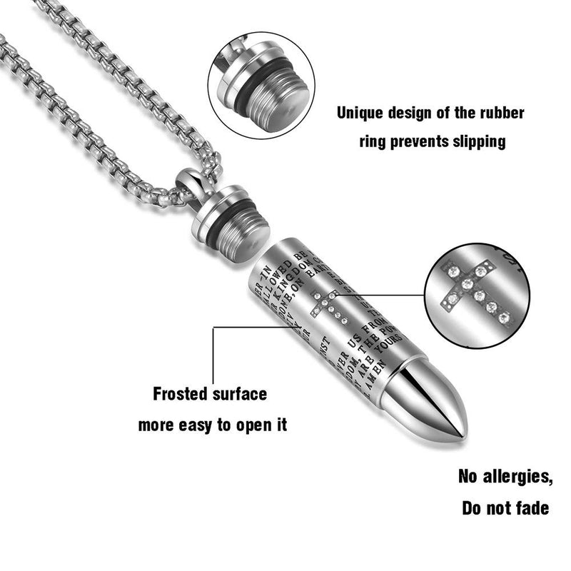 [Australia] - Godcow Men's Stainless Steel Diamond Cross and English Lord's Prayer Bible Verse Bullet Pendant Necklace Silver 