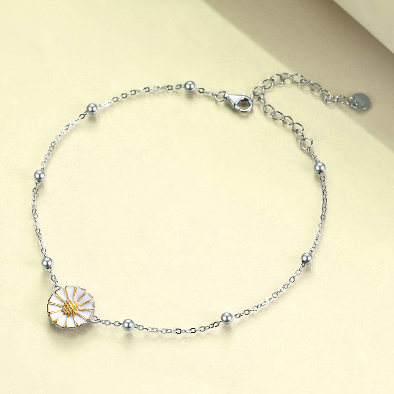 [Australia] - POPLYKE Sunflower/Daisy Flower Anklet for Women Sterling Silver Flower Adjustable Chain Foot Anklet Gifts for Girlfriend Daughter white and yellow 