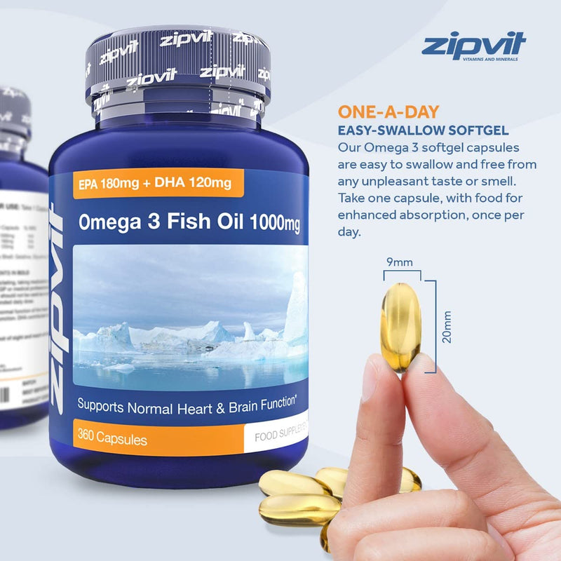 [Australia] - Omega 3 Fish Oil 1000mg, 360 Softgel Capsules. 12 Months Supply. EPA 180mg DHA 120mg. Supports Heart, Brain Function and Eye Health. 