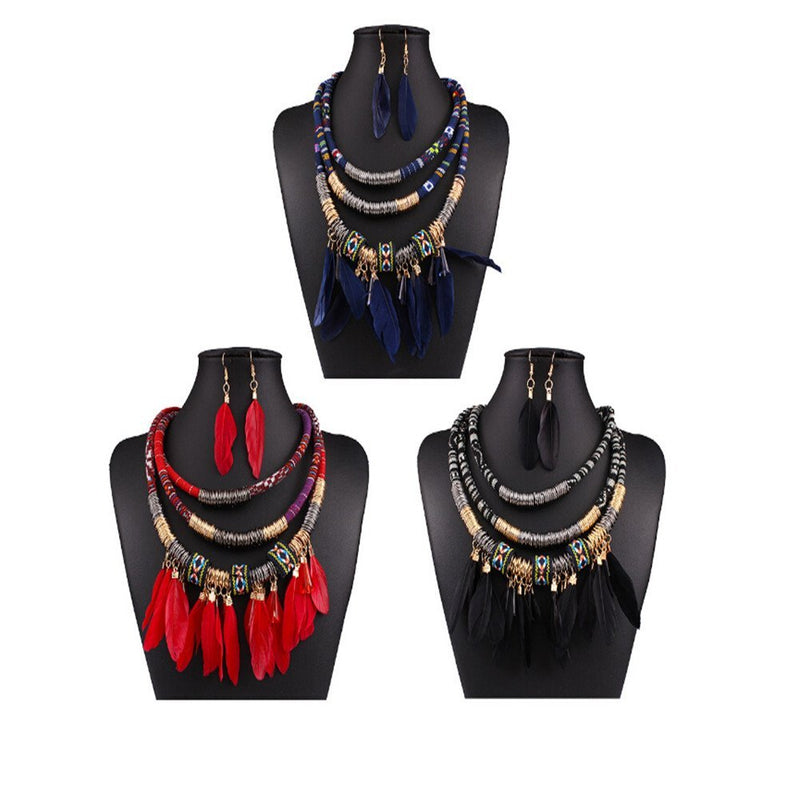 [Australia] - XY Fancy Feather Pendant Multi Layers Tribal Bib Necklace Statement Earring Jewelry Set Red 