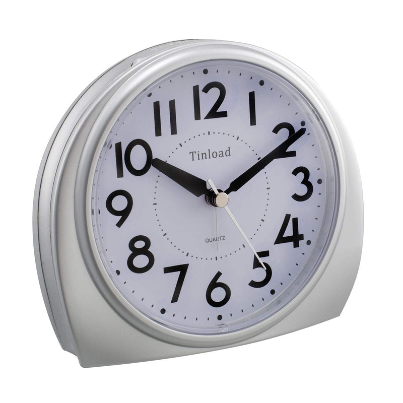 [Australia] - 5.5" Silent Analog Alarm Clock Non Ticking, Gentle Wake, Beep Sounds, Increasing Volume, Battery Operated Snooze and Light Functions, Easy Set ,Silver(Best for Elder) Silver 