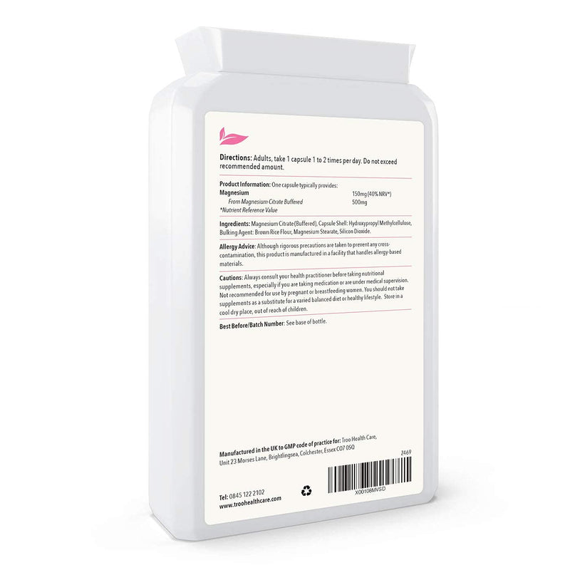 [Australia] - Troo Magnesium Citrate 120 Capsules 500mg Mag24-7 - Highly Absorbable Daily Supplement for Men and Women - Manufactured in the UK and Vegan Society Registered - Easy Swallow 