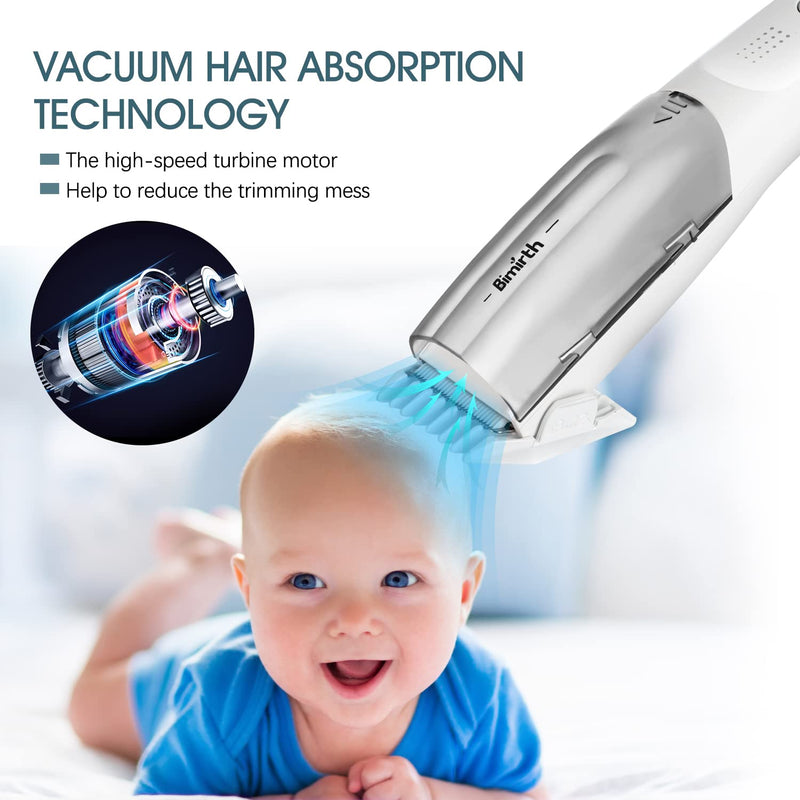 [Australia] - Bimirth Baby Hair Clipper, Silent Hair Clippers for Children, Quiet Kids Hair Trimmer, Cordless Toddler Haircut Machine in Bag for Easy Storage, USB Rechargeable, Waterproof, 3 Guide Combs (Vacuum) white-S15 