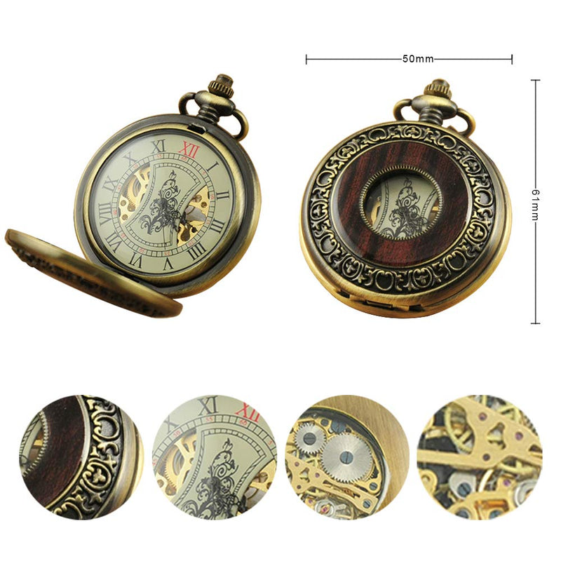 [Australia] - VIGOROSO Men's Hand-Wind Mechanical Pocket Watch Vintage Steampunk Wood Grain Hollow Design with Chain and Box 