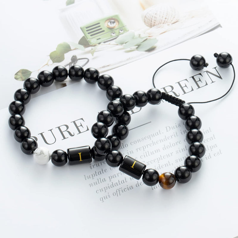 [Australia] - RIOSO 2Pcs Letter Initial Bracelet for Men Women Natural Onyx Tiger Eye Letter Bead Bracelets Personalized Stone Beads Braided Rope Initial Bracelet Adjustable A 