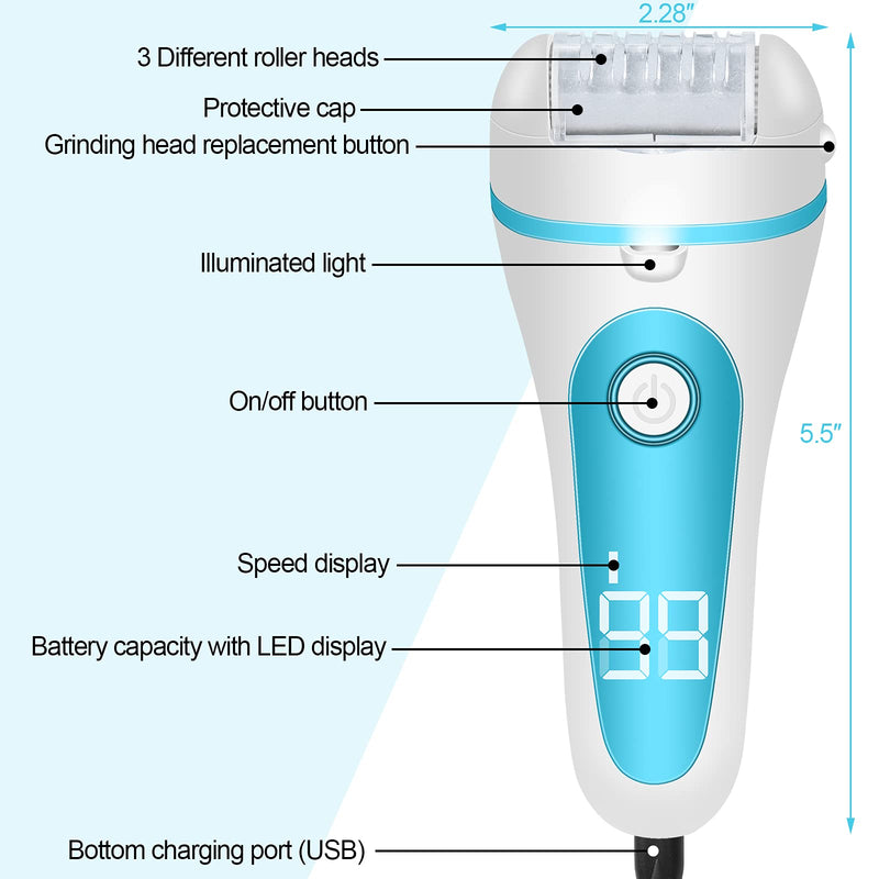 [Australia] - Electric Callus Remover for Feet, MENOLY 21 in 1 Rechargeable Professional Pedicure Kit with 3 Roller Heads Battery Display 2 Speed to Remove Cracked Heels Calluses Hard Skin for Hands Heels Spa 