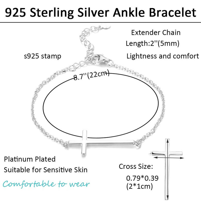 [Australia] - Sllaiss 925 Sterling Silver Sideways Cross Anklet for Women Men Dainty Adjustable White Gold Plated Ankle Bracelets Beach Foot Jewelry 