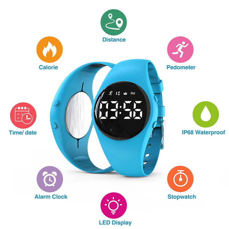[Australia] - Led Digital Pedometer Watch , Digital Steps Tracker , Non-Bluetooth, Vibrating Alarm Clock, Stopwatch, Great Gift for Children Teens Girls Boys Women Blue 