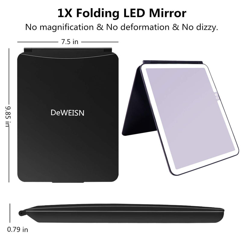 [Australia] - deweisn Folding Travel Mirror Lighted Makeup Mirror with 72 LEDs 3 Colors Light Modes USB Rechargable 1800mA Batteries Portable Ultra Thin Compact Vanity Mirror with Touch Screen Dimming for Cosmetic Black 