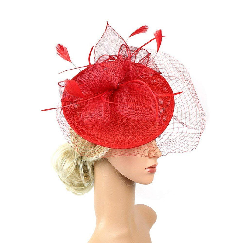 [Australia] - Hilary Ella Flax Net Face Veil Feather Fascinator for Women Cocktail Tea Party Derby Wedding Fascinators Hat Red 