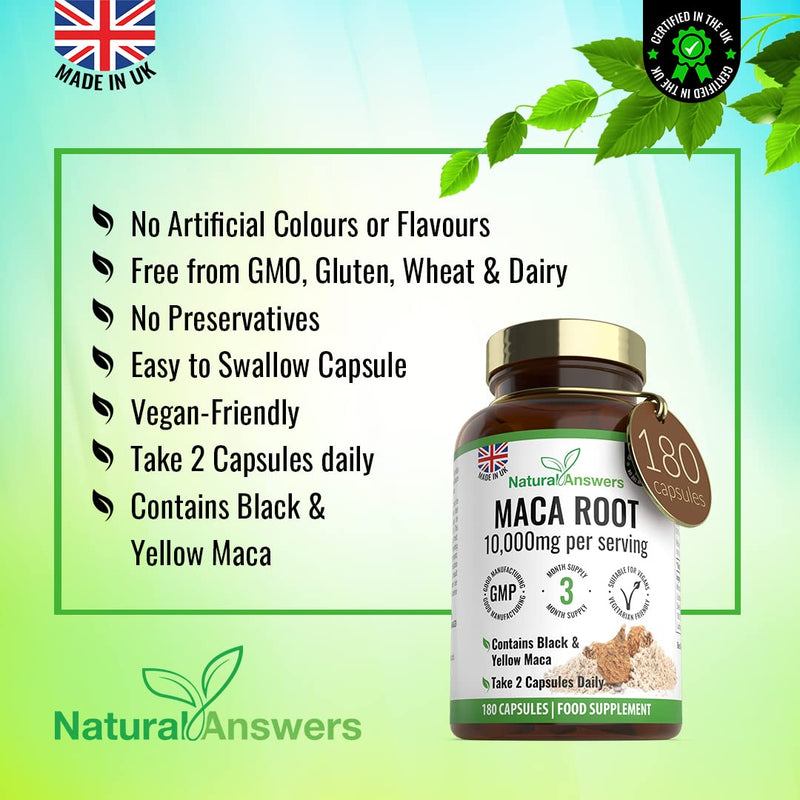 [Australia] - 180 Maca Root Capsules - (3 Months Supply) Vegan 10,000mg Maca Capsules - High Strength Peruvian Black & Yellow Maca Root - Made in The UK 