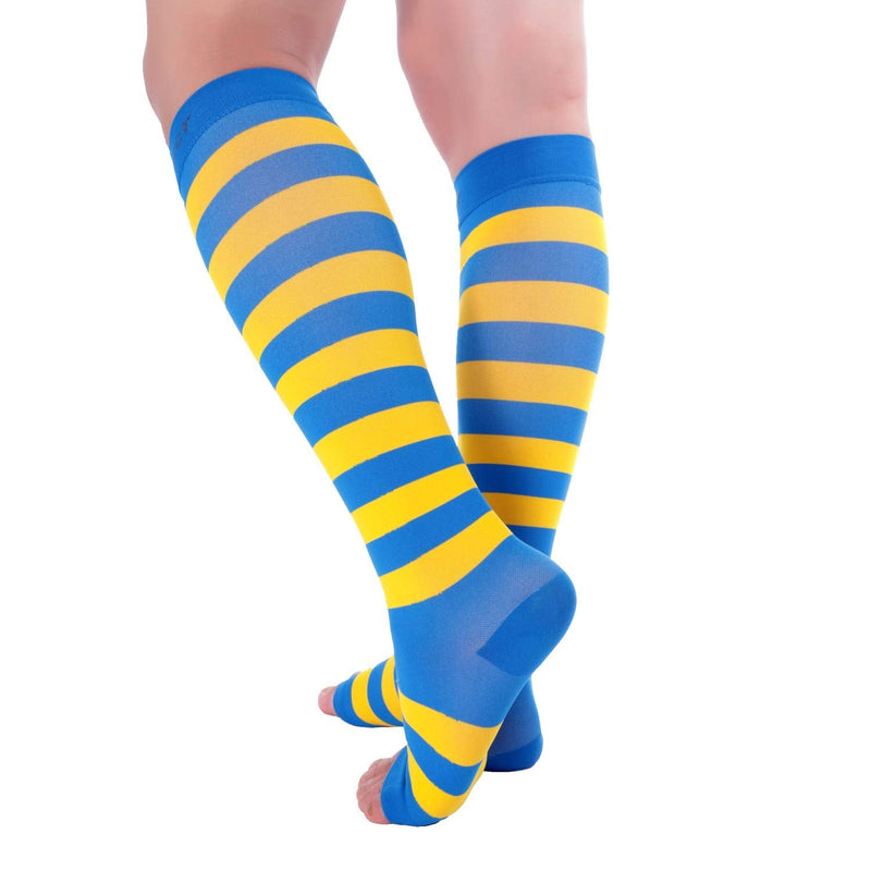 [Australia] - Doc Miller Open Toe Compression Socks for Women and Men 15-20mmHg, Shin Splints, Varicose Veins and Calf Injury Recovery Blue-yellow Small 