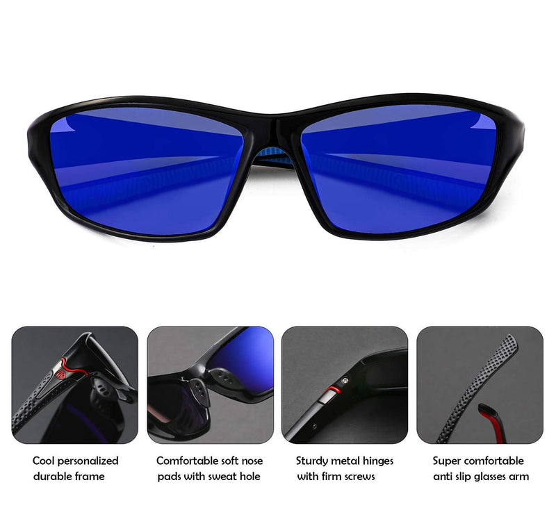 [Australia] - Polarized Sports Sunglasses for Men Women Cycling Driving Fishing Running 100% UV Protection Black/Blue Mirror 64 Millimeters 