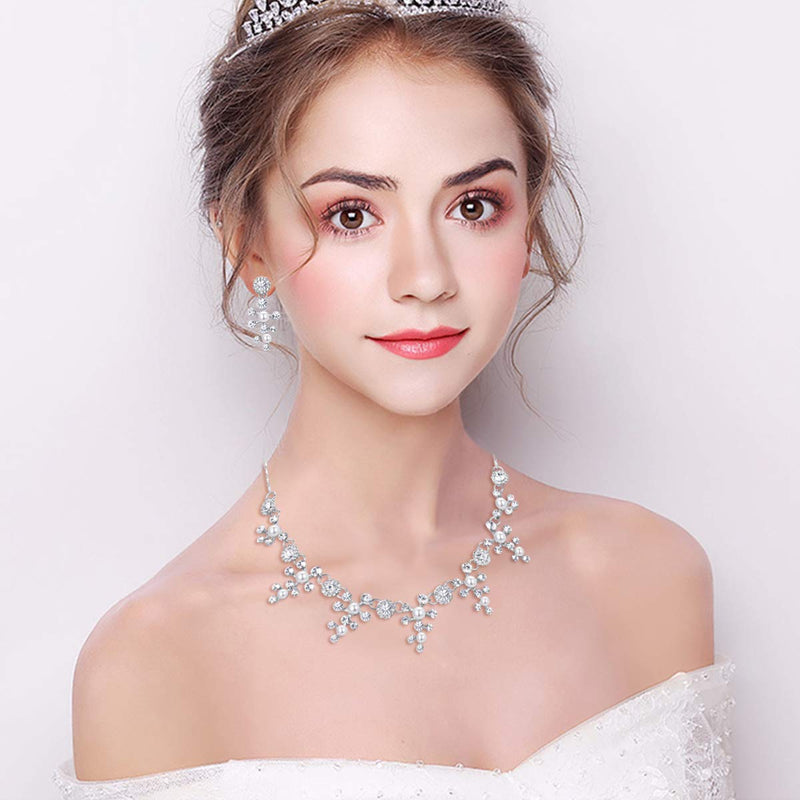 [Australia] - Flyonce Women's Austrian Crystals Bridal Floral Leaf Vine Necklace Earrings Set Clear Silver-Tone 