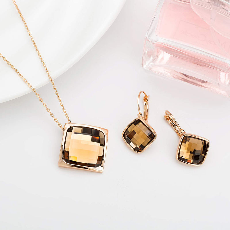 [Australia] - Square Austrian Crystal Necklace Earrings for Women Fashion 18K Gold Plated Hypoallergenic Jewelry Set Brown 