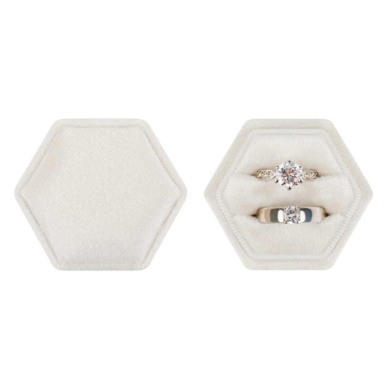 [Australia] - DesignSter Hexagon Velvet Ring Bearer Box - Premium Gorgeous Vintage Double Ring Display Holder with Detachable Lid for Proposal, Engagement, Wedding, Ceremony (Beige) Beige 