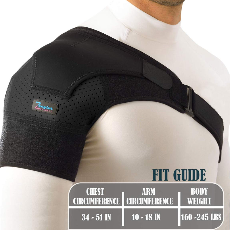 [Australia] - Shoulder Support Brace + Free Extension for Men and Women by Zeegler Orthosis - Adjustable Sleeve Compression and Stability for Chronic Pain, Aches in Injuries Such as Torn Rotator Cuff Dislocated AC Joint Subluxation Tears and Sprain (M-XL) (Left-Right) 