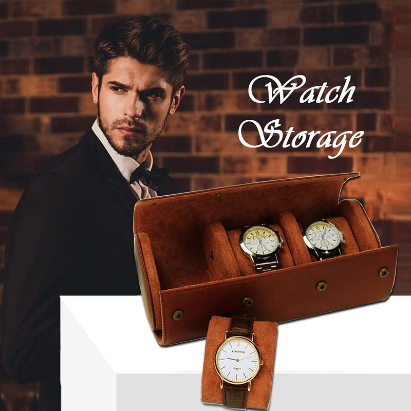 [Australia] - Cokritsm Watch Roll Travel Case 3 Slot For Men Pu Leather Portable Watch Display Storage Brown 