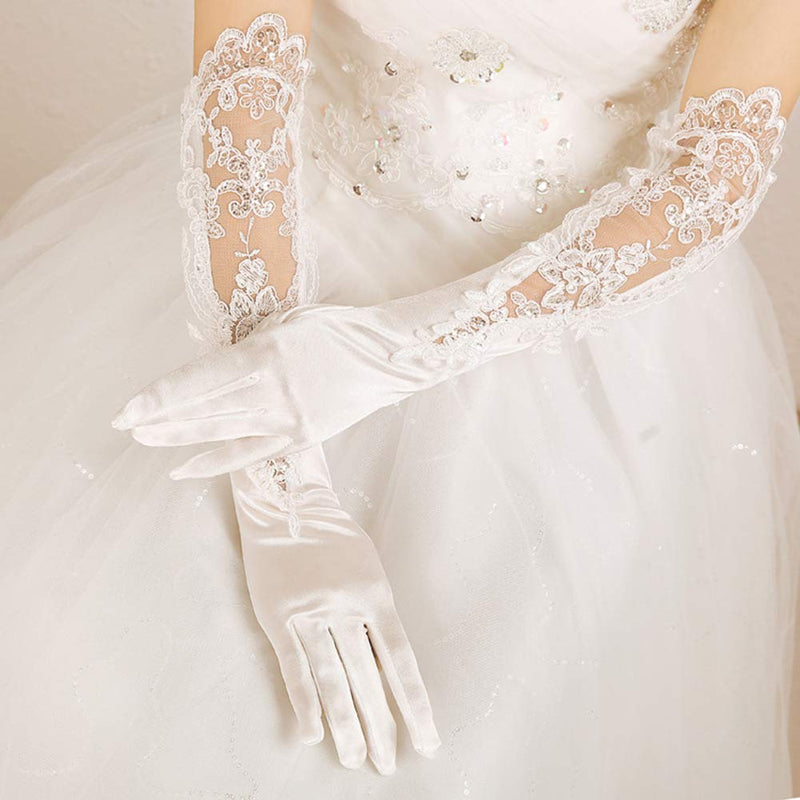 [Australia] - Elegant Satin Lace Gloves Long Bridal Gloves for Bride Flower Girls Women Wedding Prom Party 