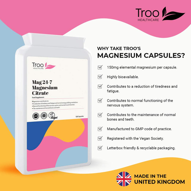 [Australia] - Troo Magnesium Citrate 120 Capsules 500mg Mag24-7 - Highly Absorbable Daily Supplement for Men and Women - Manufactured in the UK and Vegan Society Registered - Easy Swallow 