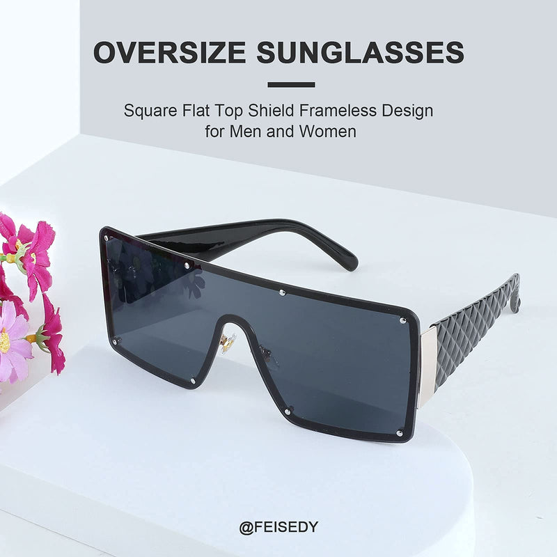 [Australia] - FEISEDY Oversized Square Sunglasses for Women Men One Piece Shades Metal Rivet Unique Female Eyewear B2767 Black 65 Millimeters 