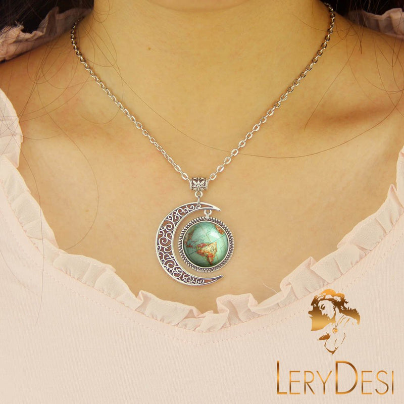 [Australia] - Moon jewelry Vintage Globe necklace Planet Earth World Map Art pendant World Map necklace BFF Gifts 18 inch 