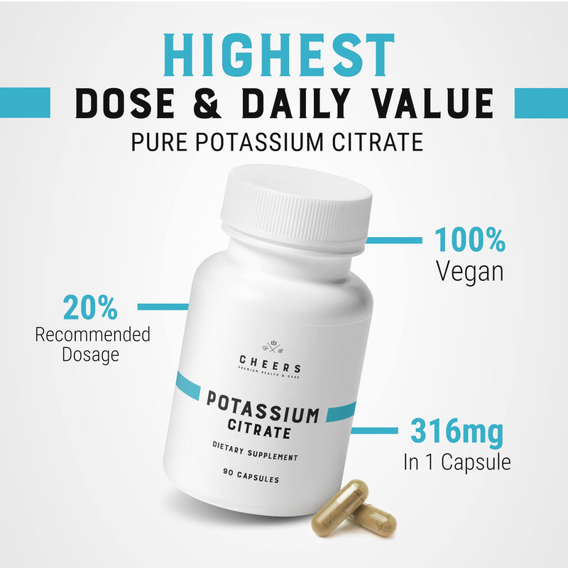 [Australia] - CHEERS - Potassium Citrate, 90 Vegan Capsules, 316 mg per Capsule, Potassium Supplement for Adults, Natural Mineral Electrolyte, Supports Cardiovascular and Blood Pressure Health 