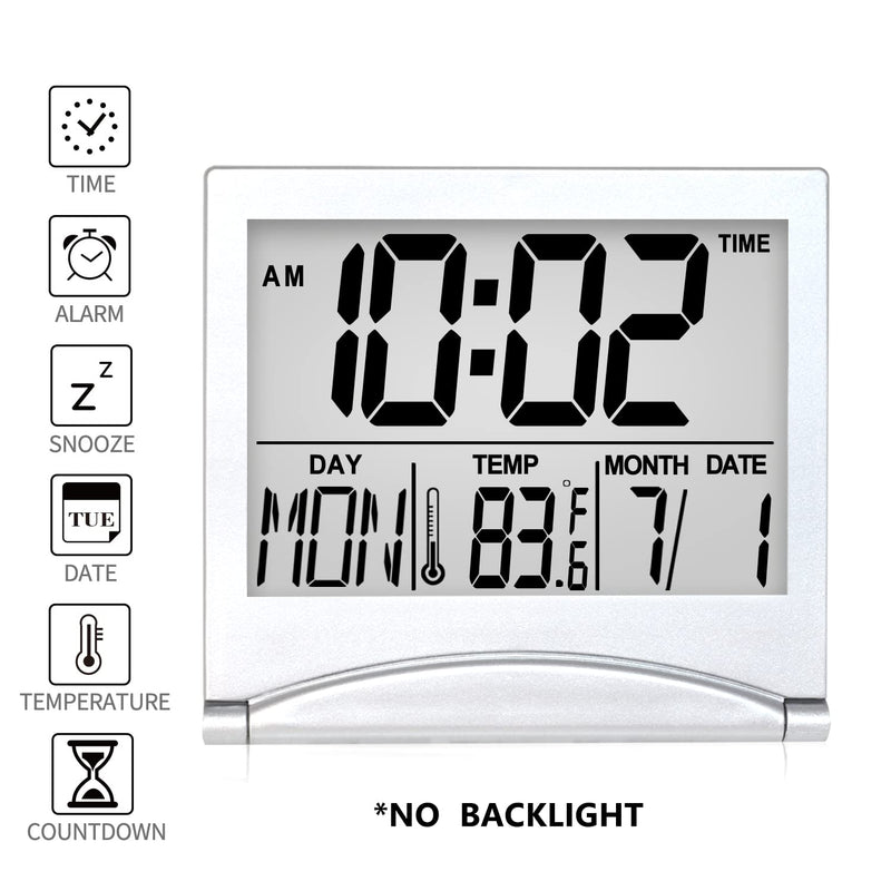 [Australia] - Betus Digital Travel Alarm Clock - Foldable Calendar Temperature Timer LCD Clock with Snooze Mode - Large Number Display, Battery Operated - Compact Desk Clock for All Ages (Silver) Silver 