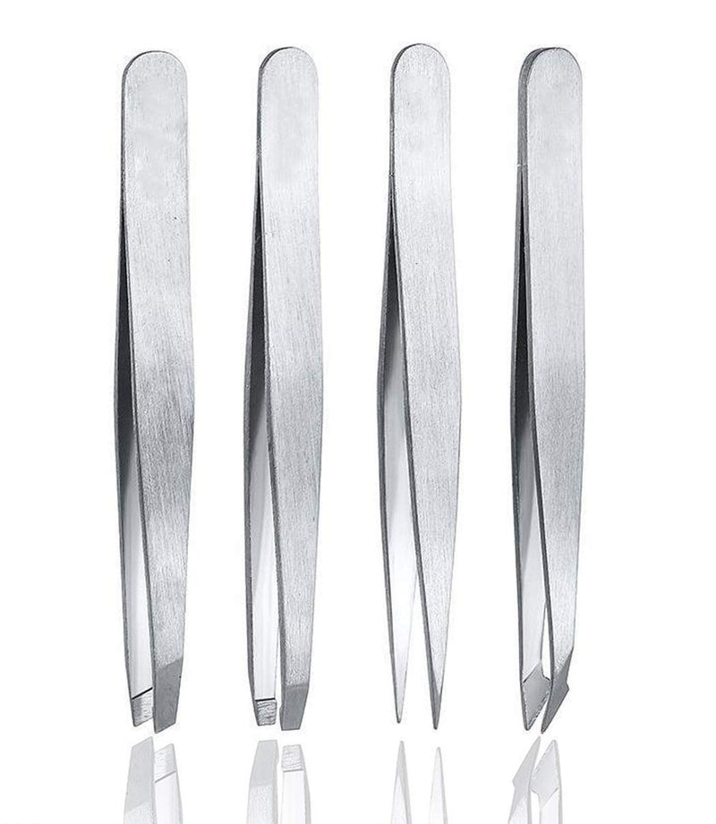 [Australia] - Tweezers for Eyebrows 4 Piece Eyebrow Hair Splinter Slant Tip Precision Pointed Set (Silver) Silver 