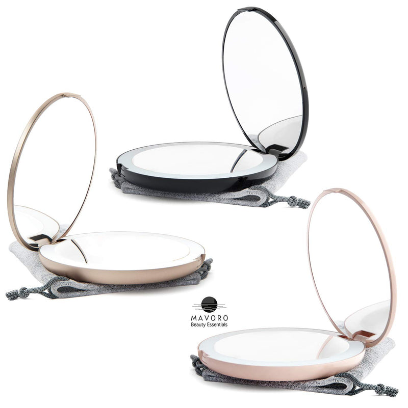 [Australia] - Mavoro LED Lighted Travel Makeup Mirror, 1x/10x Magnification - Daylight LED, Pocket or Purse Mirror, Small Travel Mirror. Folding Portable Mirror, Large - 5 inch (Black) Black 