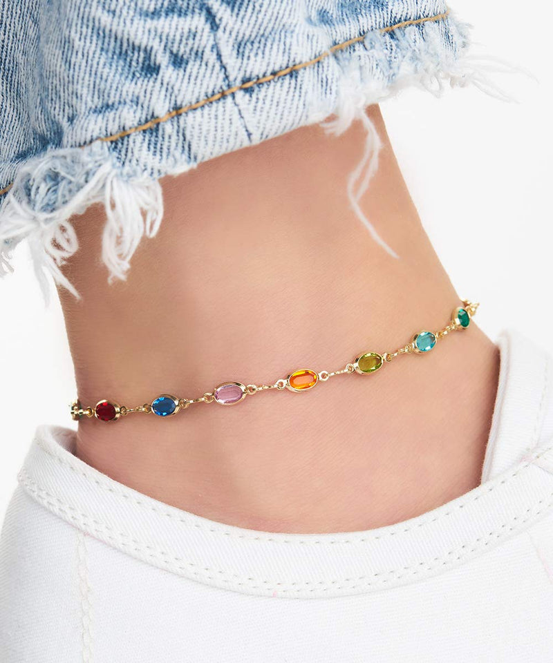 [Australia] - Barzel 18K Gold Plated Gold and Multi Color Crystal Baguette Anklet Multicolor Dark Oval 